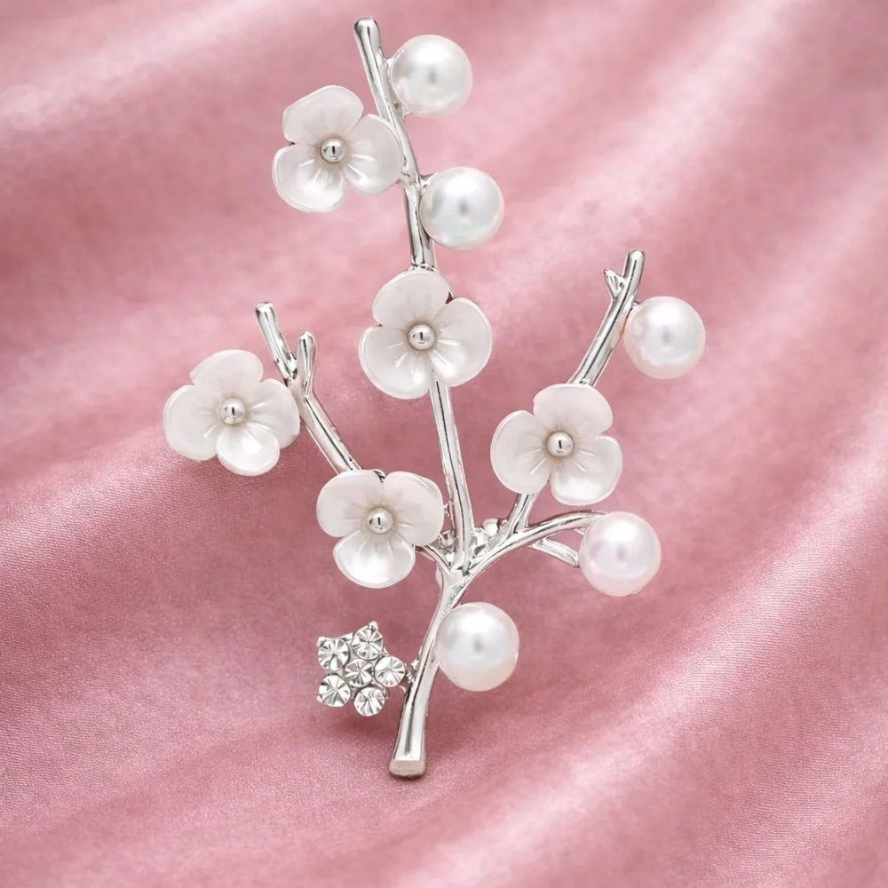 Cherry Blossom Silver Pearl Floral Brooch